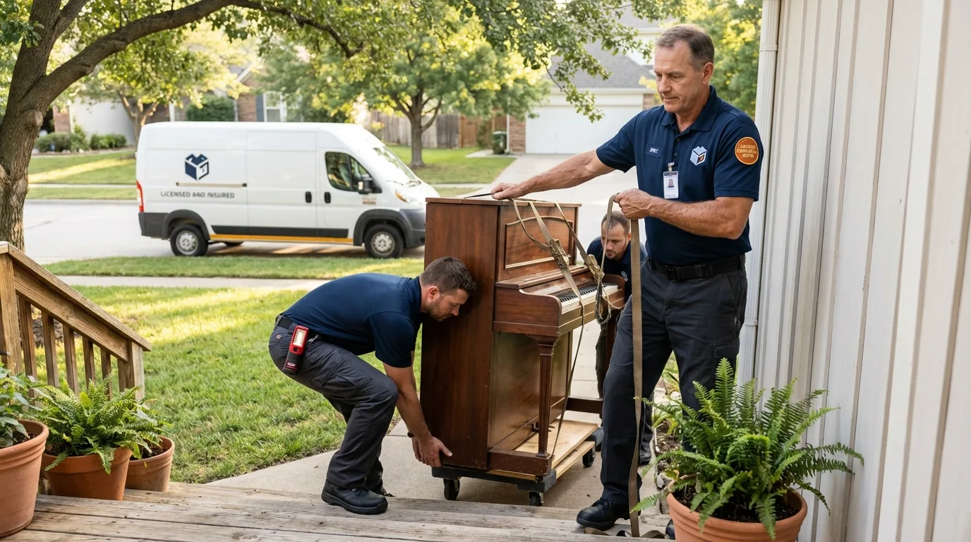 Licensed piano movers securing grand piano in Epsom, NH