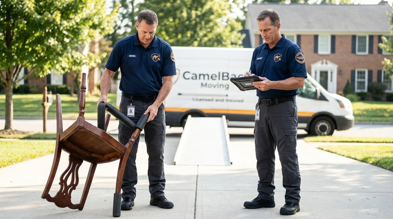 Movers inspecting furniture for damage prevention before loading in Epsom, NH