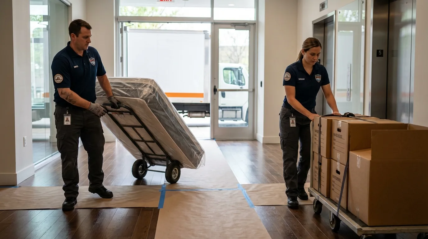 Professional apartment movers loading elevator in Epsom, NH